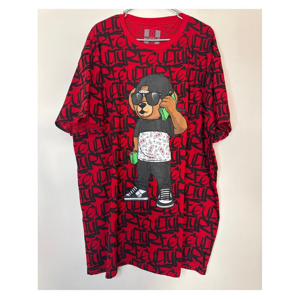 Hustle‎ Bear Shirt Men's 3XL Red Short Sleeve Graphic Tee Round Neck Teddy Bear